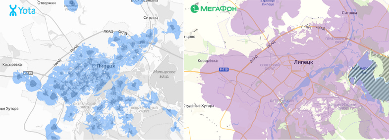 Сравнение карт 4G покрытия Yota и МегаФон в Липецке